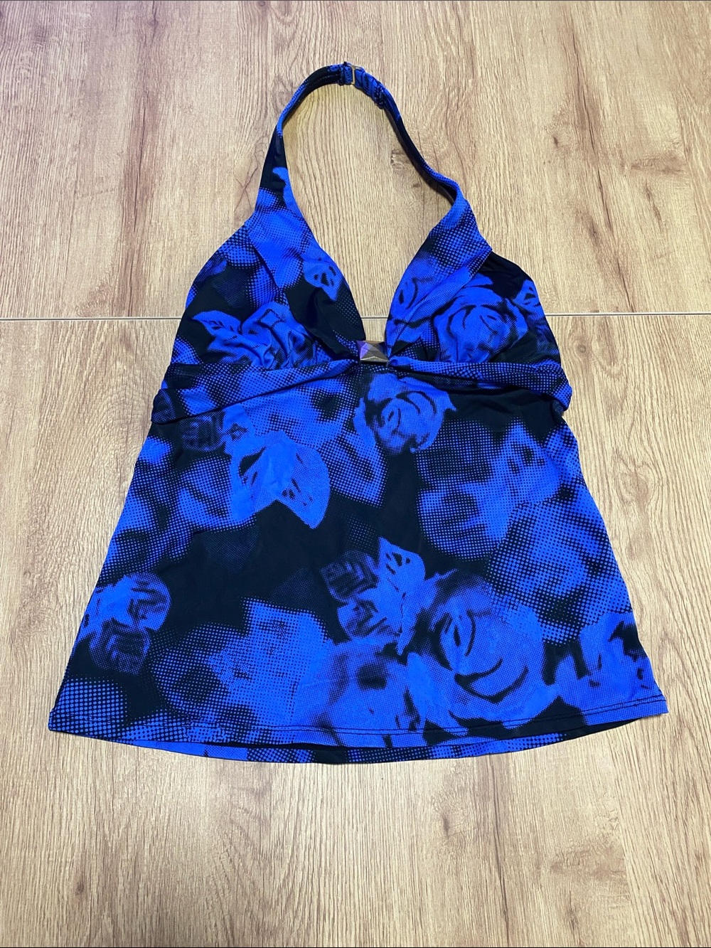 Tropical Escape Blue and Black Floral Halter Swim Top